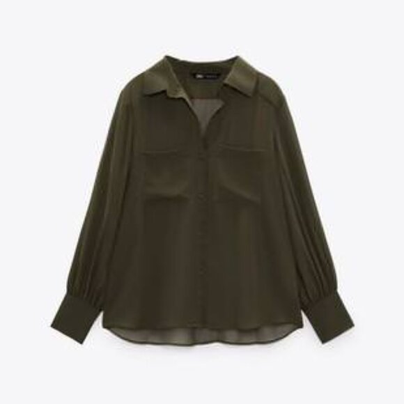 ZARA Sheer Olive Green Long Sleeve Blouse - Picture 5 of 8